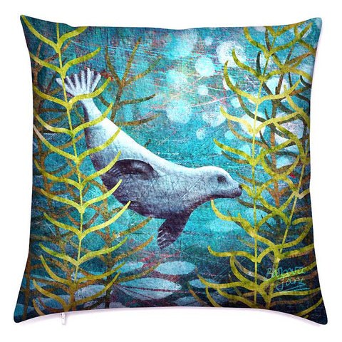 Harbour seal cushion - Common seal cushion in kelp forest. Unique gift for sea life or ocean wildife lover.  By Barbara Jane Art & Design.