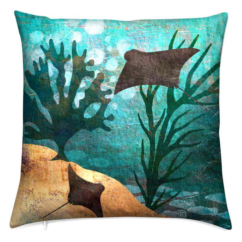 Ocean Rays Cushion - cownose rays cushion - marine art cushion. Gift for an ocean lover or for a tropical ocean accessory.Artwork by Barbara Jane Art & Design.  BarbaraJaneDesign.co.uk