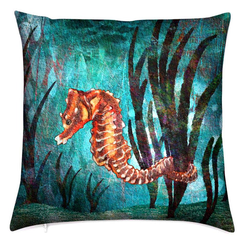 Seahorse cushion.  Velvet art cushion, great gift for sea life or ocean wildlife lover.  Barbara Jane Art & Design.