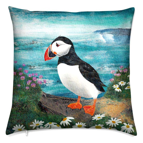 Puffin cushion, velvet art cushion with coastal design. Perfect gift for sea bird lover. By Barbara Jane Art & Design. 